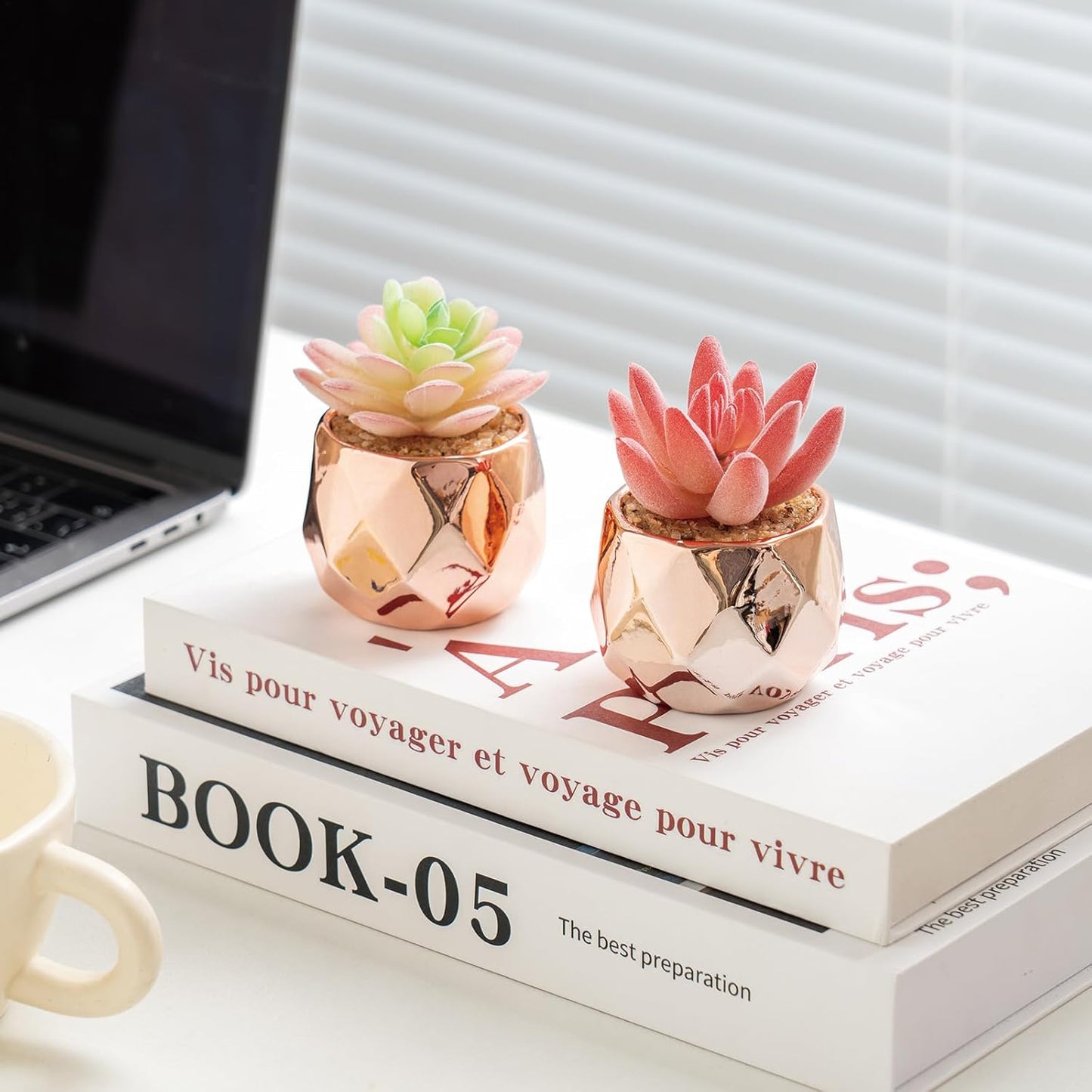 Tiita 4 Pack Artificial Faux Succulents in Pots, Mini Rose Gold Fake Plants for Women Desk, Small Realistic Faux Succulents for Home Office Accessories Window Sill Bathroom Bedroom, Rose Gold