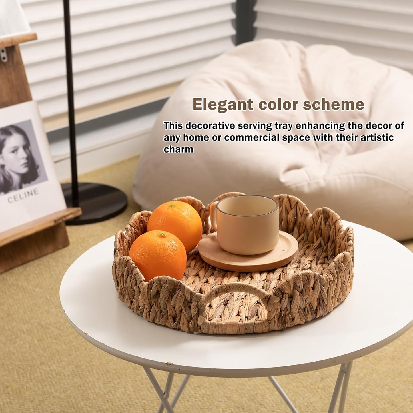 Scalloped Edge Round Tray, Round Serving Tray with Built-in Handles, Wicker Woven Decoratve Tray Basket Organize for Coffee Table Home Decor, Water Hyacinth Rattan Tray，Set of 2, Natural