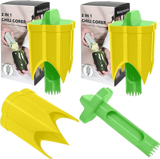 Pepper Corer, 2 in 1 Red Bell Pepper Seed Corer Remover Tool, Fruit & Vegetable Corers Quick Cave Tools for Jalapeno Cutter Deseeder, Green Yellow, 2 PCS