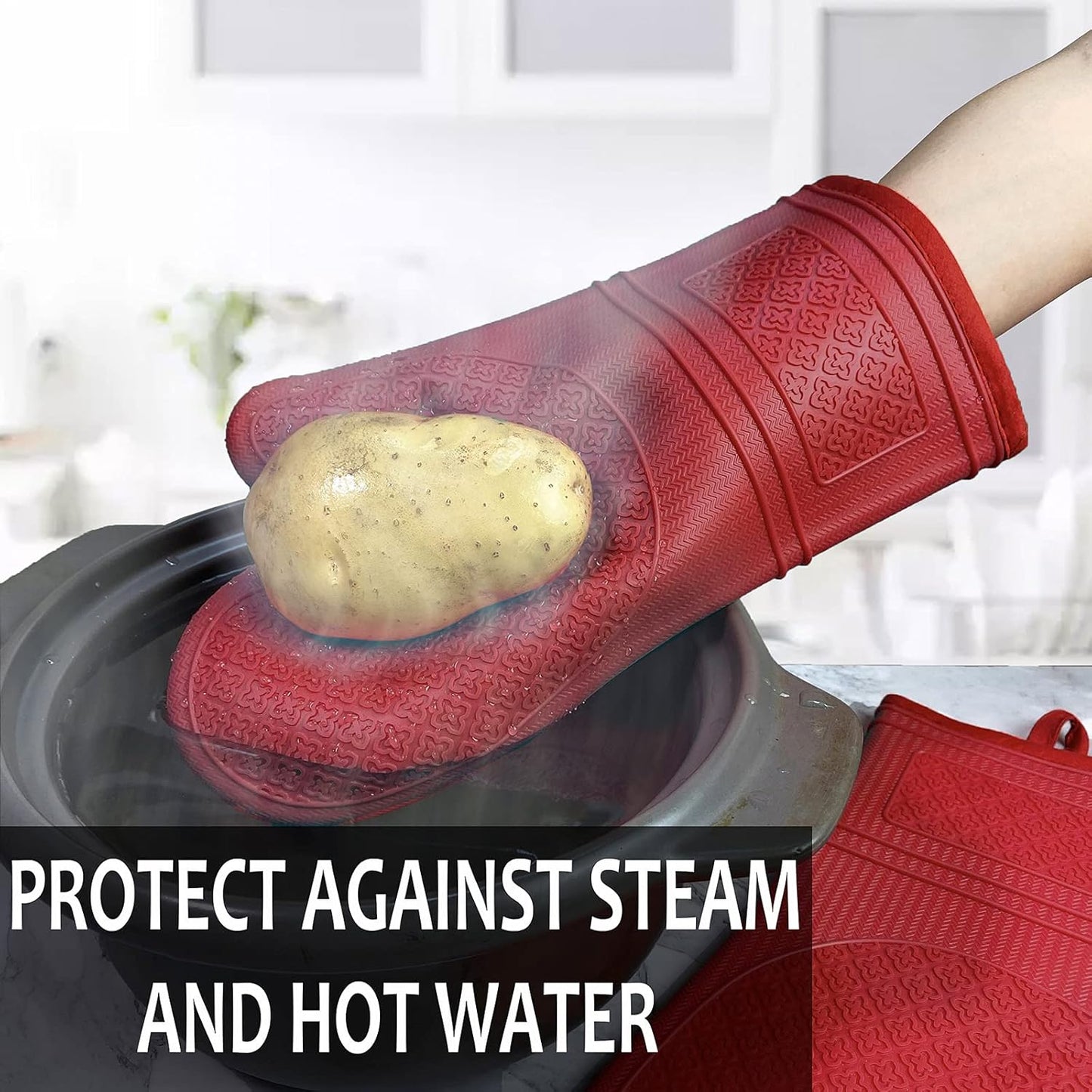 Yutat Silicone Oven Mitts, Oven Gloves with Non-Slip Silicone, 600 Degree Heat Resistant, Soft Cotton Lining, Waterproof and BAP-Free, Oven Mitts for Cooking and Baking - 1 Pair 12 Inch Red