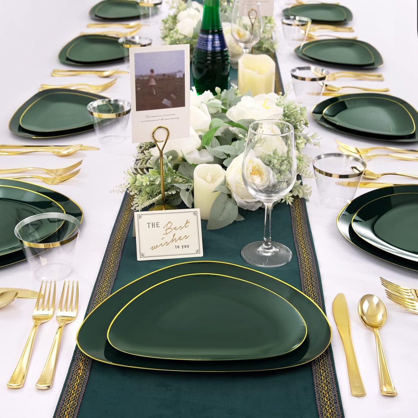 DaYammi 180Pcs Green Plastic Plates, Green Gold Disposable Plates with Gold Silverware Dinnerware Set Include: 30 Dinner Plate,30 Dessert Plate,90 Plastic Cutlery,30 Cups for Party or Holiday parties