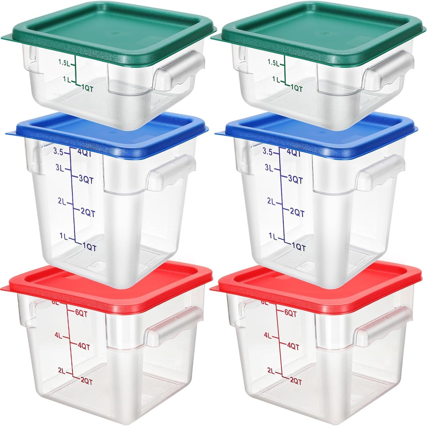 Lallisa 6 Pcs Food Storage Set, Square Polycarbonate Restaurant Food Storage Containers with Lids commercial Clear Cereal Containers for Kitchen, 3 Colors(2 Quart 4 Quart and 6 Quart)