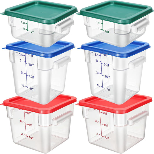 Lallisa 6 Pcs Food Storage Set, Square Polycarbonate Restaurant Food Storage Containers with Lids commercial Clear Cereal Containers for Kitchen, 3 Colors(2 Quart 4 Quart and 6 Quart)