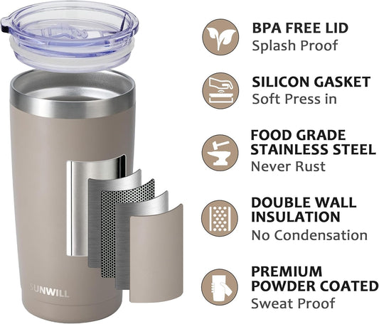 SUNWILL Travel Coffee Tumbler 20 oz, Insulated Mug with Lid, Stainless Steel Cup for Outdoor, Powder Coated Taupe