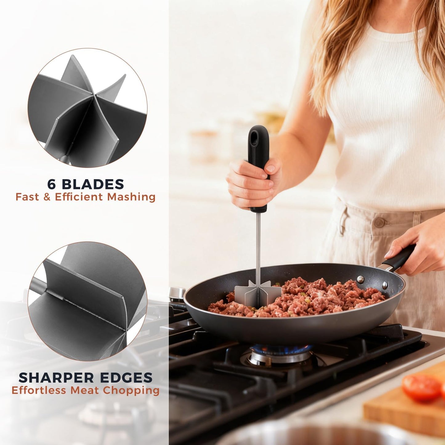 Stainless Steel Meat Chopper & Masher, Coinicxcel 10 Inch Heat Resistant Ground Beef Chopper Tool with 6 Curve Blades & Egonomic Non-Slip Handle, Heavy-Duty Hamburger Smasher Tool Dishwasher Safe