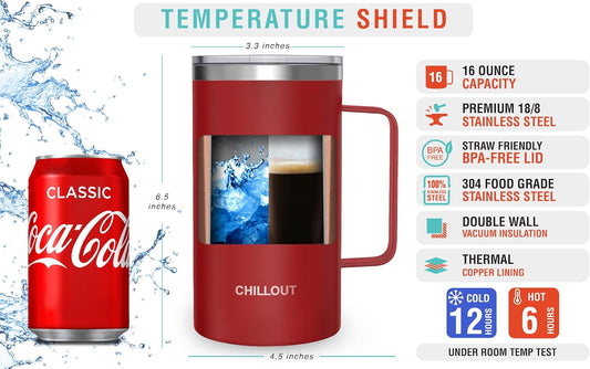 CHILLOUT LIFE Stainless Steel Vacuum Insulated Coffee Mug 16 oz (Set of 2) with Handle and Lid, Large Thermal Camping Coffee Mugs with Sliding Lid for Men & Women, Keeps Your Beverages Hot & Cold