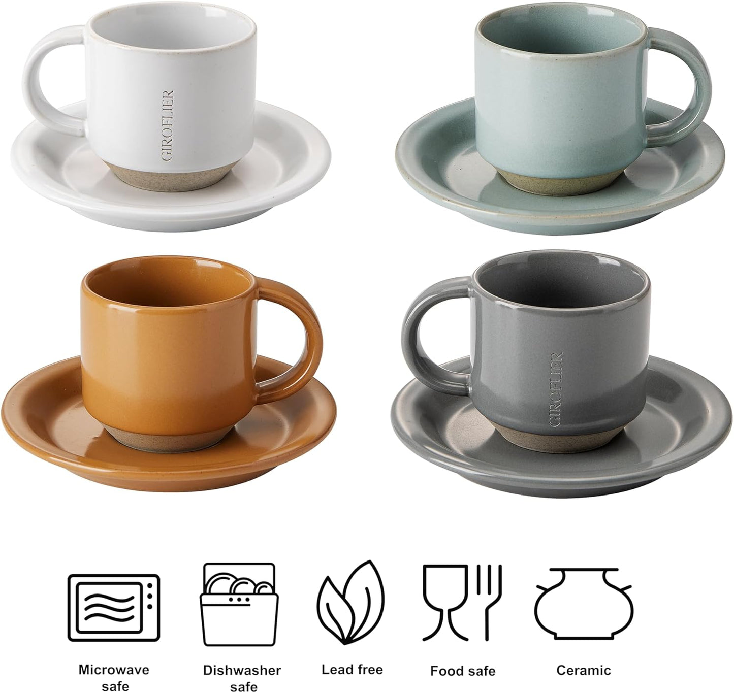 Oak Espresso Cups Set of 4, 3 oz Demitasse Cups, Modern Style, Multi Colors, Microwave & Dishwasher Safe