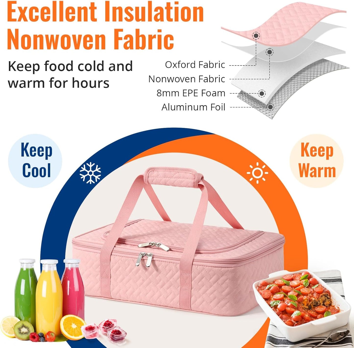 Insulated Casserole Carrier - Portable Casserole Carrier for Hot or Cold Food, Lasagna Holder for Parties,Picnic,Cookouts,Traveling - Fits 9" x 13" Baking Dish (Pink)