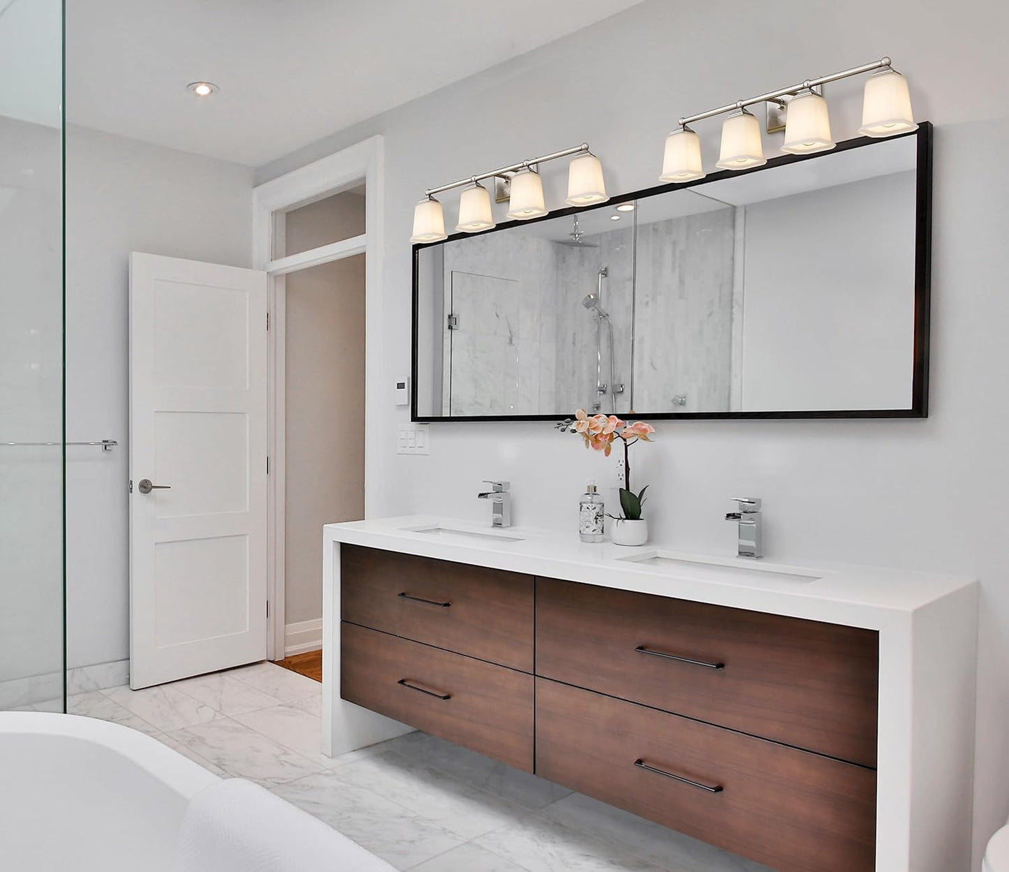 Nox Vintage 4-Light Vanity Light Modern Wall Sconce Lighting Brushed Nickel with White Glass Shade for Bathroom, Hallway, Entryway, Kitchen, Mirror, Laundry Room