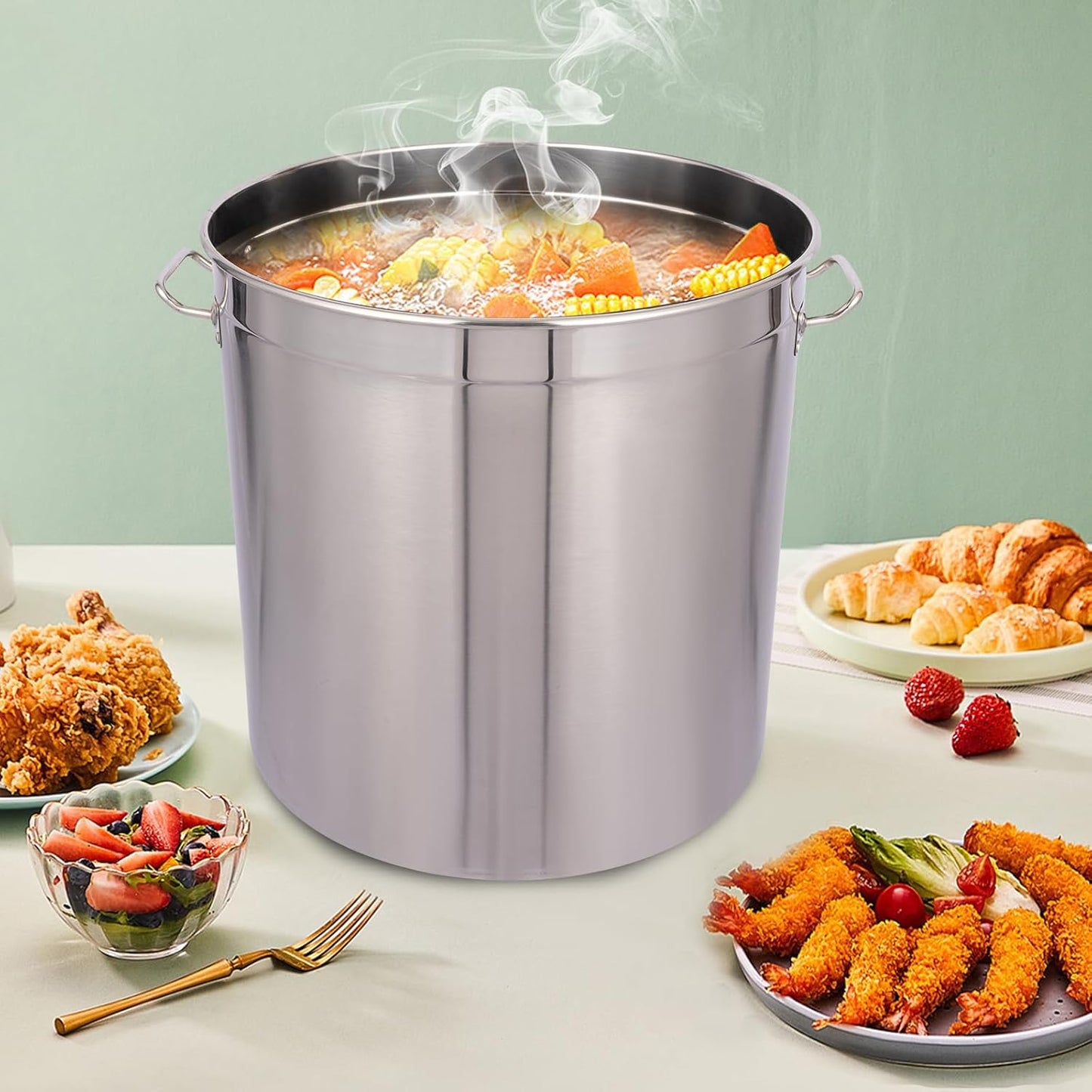 Stock Pot with Lid, 201 Stainless Steel Big Pots for Cooking, 104 Quart Stockpots with Hanging Lid and Handle, Anti-Corrosion, Anti-Rust, Used for Induction Stoves, Gas Stoves, Electric Stoves