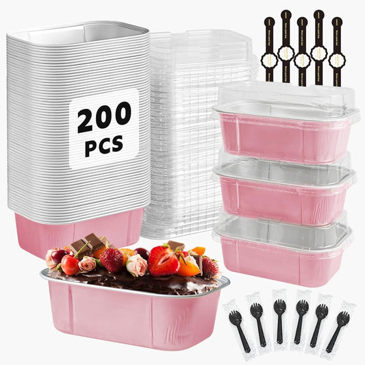 Mini Cake Pans With Lids And Spoons,5.5 oz Rectangle Mini individual Loaf Pans Disposable Aluminum Foil Small Baking Cups Tins (200, Pink)