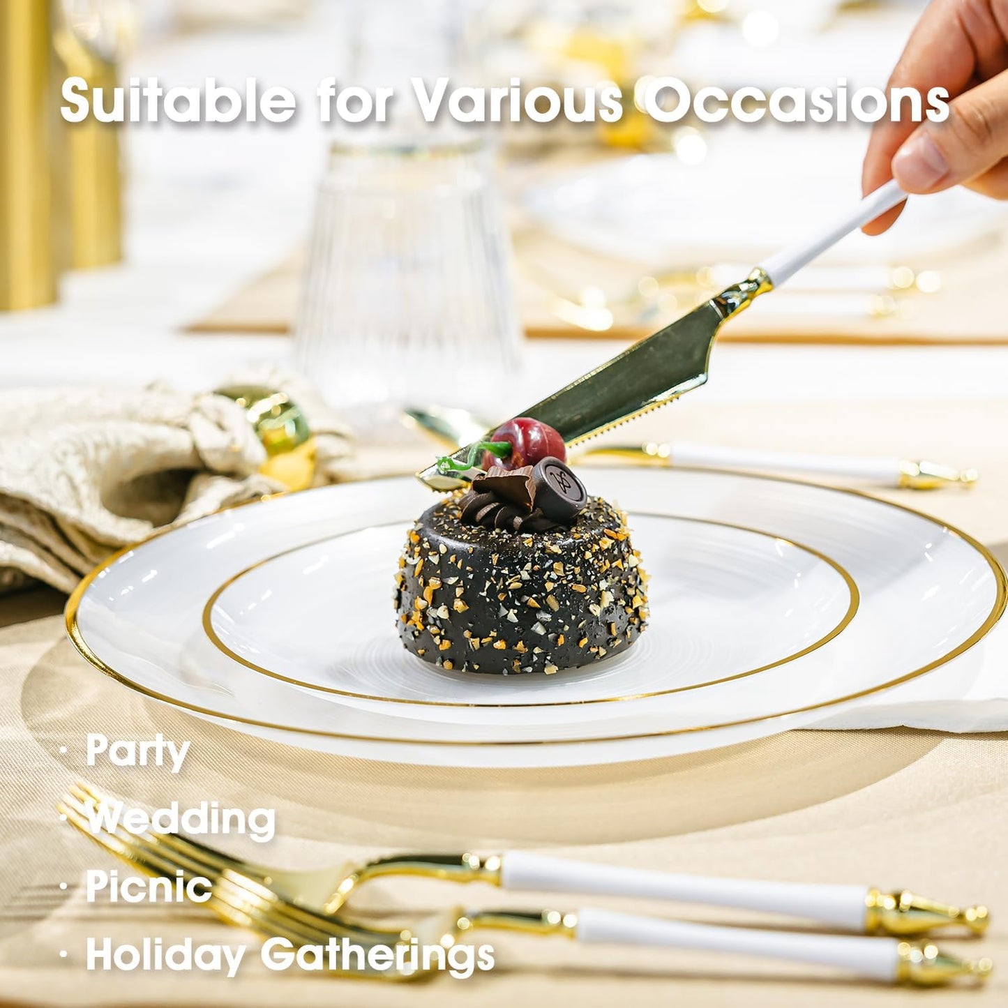 100PCS Pearl White Plastic Plates-Crystal Design Disposable Plates with Gold Rim, Fancy Disposable Plates Include 50 White Dinner Plate and 50 Dessert/Salad Plate for Party & Wedding