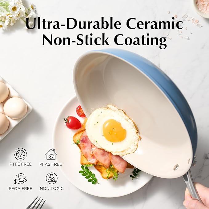 Redchef Non Stick Ceramic Frying Pan Set, Non Toxic Ceramic Pans for Cooking, 8" 9.5" 11" Skillet Set, No PFAS & PTFE & PFOA with Stainless Steel Handle, Dishwasher & Oven Safe Max up to 842°F (Blue)