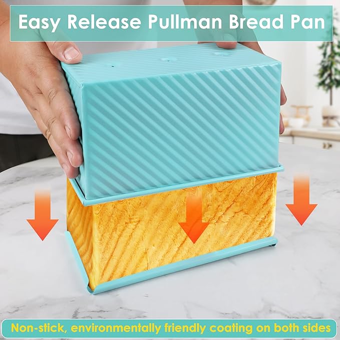 Blue Pullman Loaf Pan with Lid, Sandwich Bread Pullman Loaf Pan, 1LB Dough Capacity Rectangular Bread Pan, Non-Stick Loaf Pan with Dough Scraper Cutter for Sandwich Bread