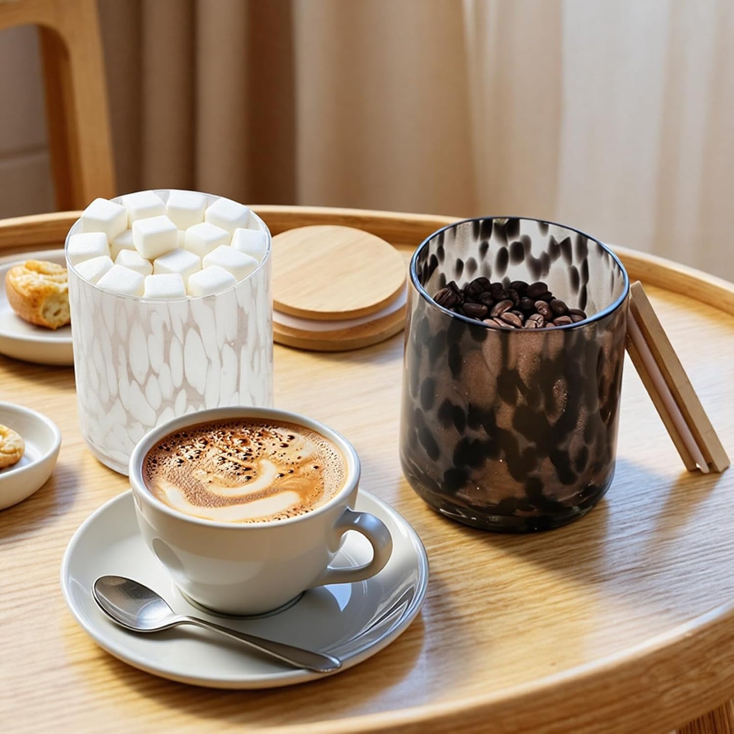 Set of 2 Hand Blown Glass Food Storage Containers with Lids 14oz Jar with Lid Coffee Container,Spice,Sugar,Tea,Flour,Nuts,Decorative Jars for Countertop(black ＆ white)