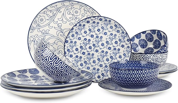 Selamica Ceramic Dinnerware Sets, 12-Pieces Plates and Bowls Sets, Scratch Resistant Dishes set for 4, Dishwasher & Microwave Safe,Vintage Blue