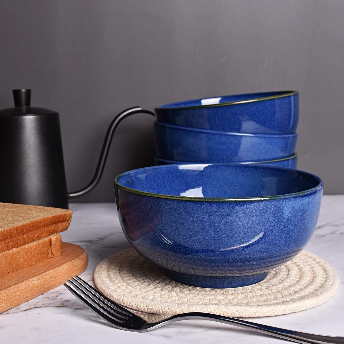 Bosmarlin Ceramic Soup Bowl Set of 4, 24 Oz, Cereal Bowl for Oatmeal, Dishwasher and Microwave Safe (5.75 Inches, Royal blue)