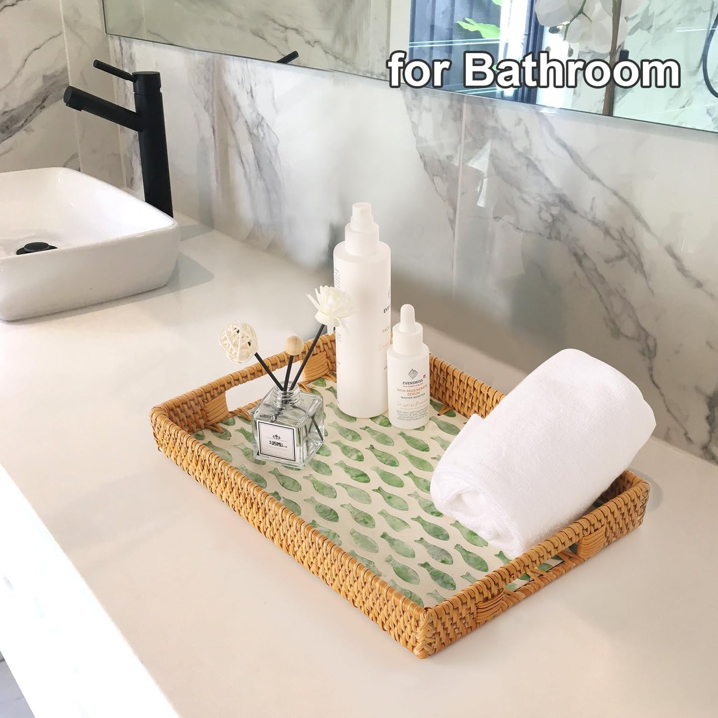 Rectangle Rattan Tray with Mother of Pearl Inlay, Rattan Serving Tray with Handle for Coffee, Bread, Fruits, Snacks, Decorative Wicker Tray for Table Decor (Rectangle Green Fish, 13"×9")