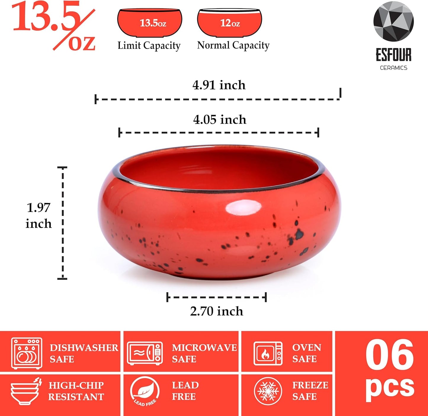 Small Hand Craft Dessert Bowls - 13.5oz, Set of 6 - Microwave, Oven, Dishwasher Safe, Ice Cream, Soup, Snacks, Rice, Cereal, Chili, Side Dishes, Dips, Ideal Gift - Vivid Assorted Color