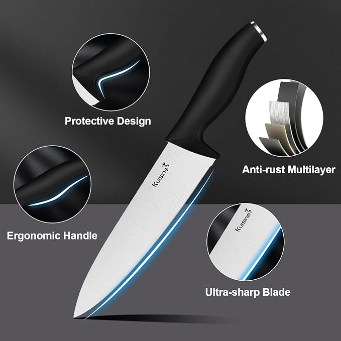 Kuisine Kitchen Chef Knife Block Set,High Carbon Stainless Steel Sharp Knife Set with Built-in Sharpener,Elegant Gift(Black,15pcs)