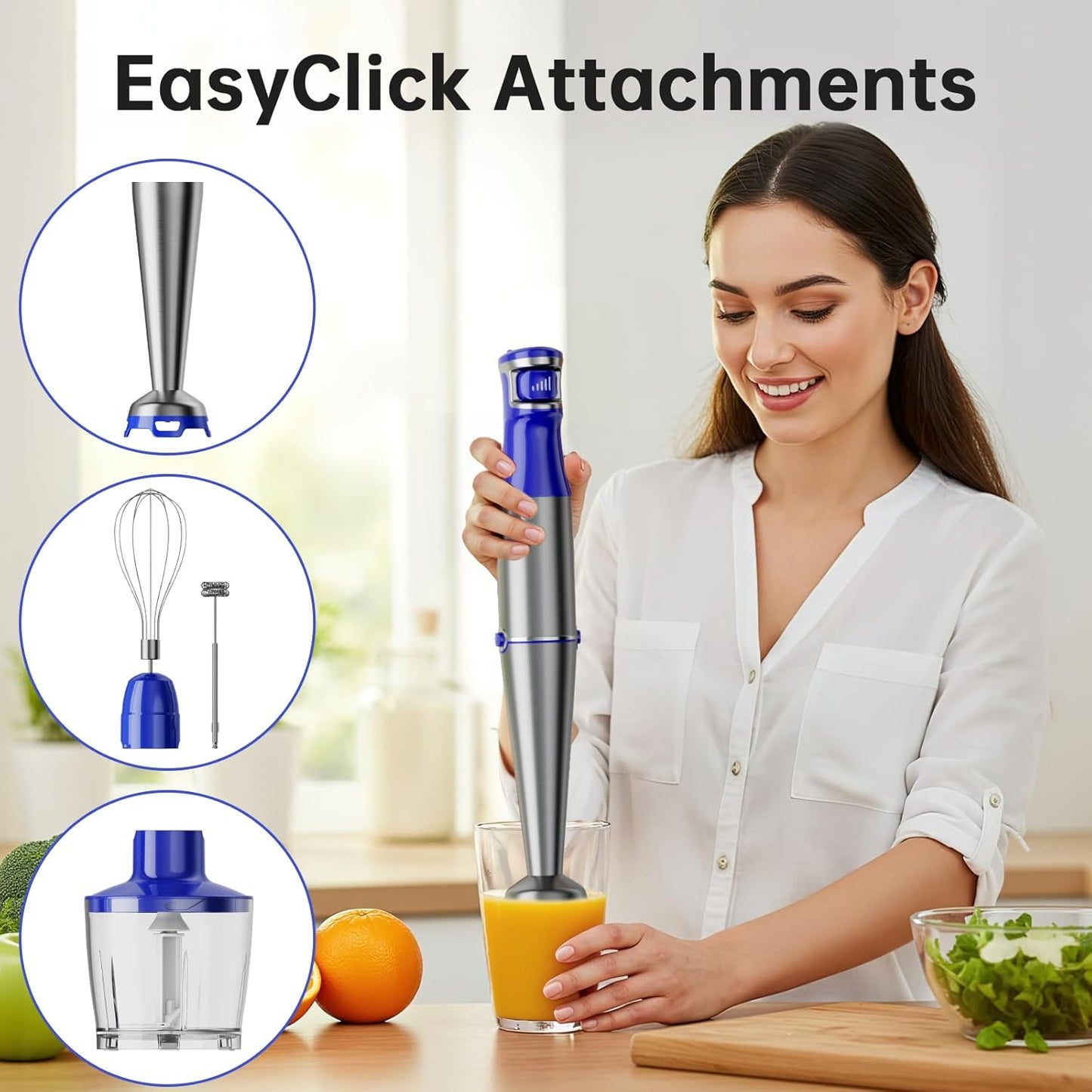 Immersion Blender Handheld Corded Hand Blenders Set 1100W, Trigger Variable Speed 5 in 1 Stick Emulsifier with Chopper, Whisk and Frother for Soup, Baby Food and Smoothies, Royal Blue