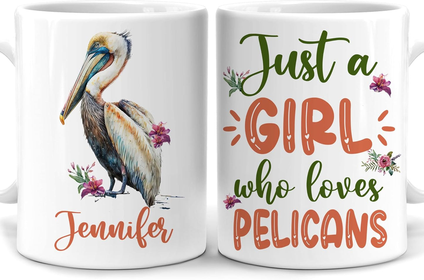 Hyturtle Personalized Gifts Pelican Lover - Just A Girl Who Loves Pelicans Custom Name Ceramic Coffee Mug Cup 11oz - Idea Cute Animal Lover Gifts For Women, Girl On Birthday, Christmas