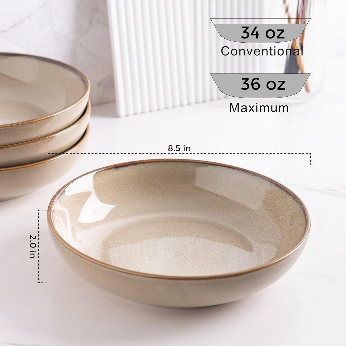 AmorArc 8.5'' Large Pasta Bowls, 36oz Ceramic Pasta Serving Bowls Set of 6 for Kitchen, Wide Bowls for Pasta,Salad,Oatmeal, Microwave Safe, Latte