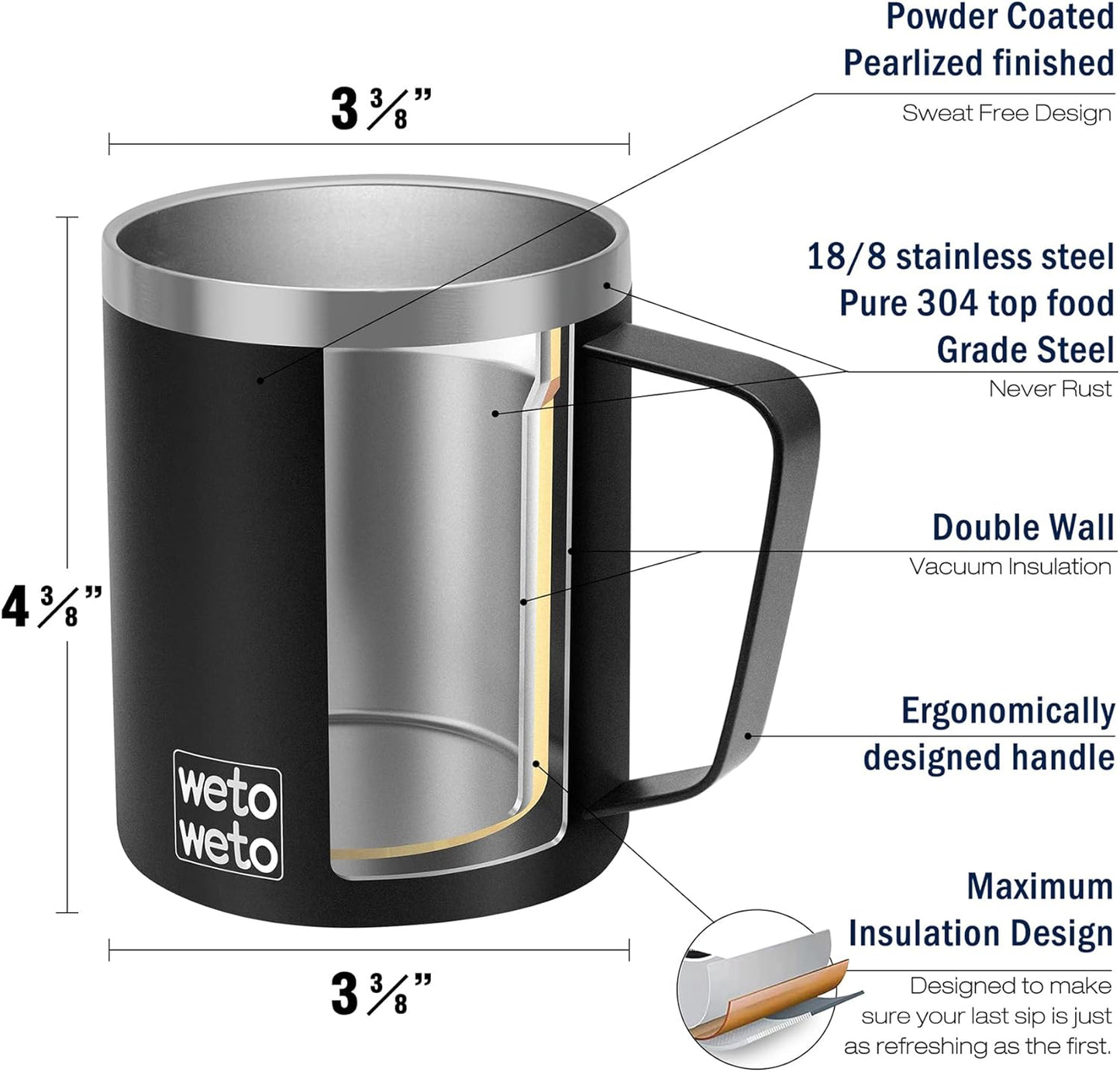 WETOWETO Coffee Mug with Handle, 14oz Insulated Stainless Steel Reusable Coffee Cup, Double Wall Coffee Travel Mug, Powder Coated Black