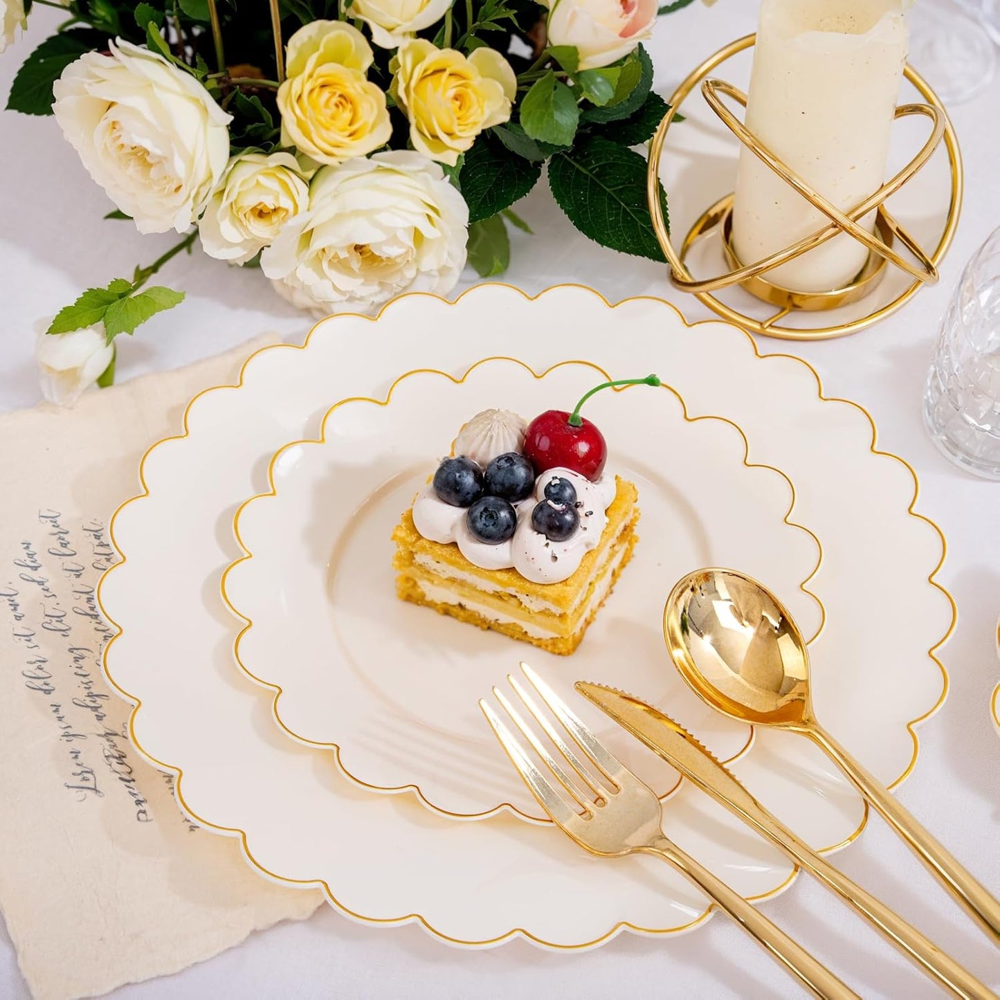 LIYH 210 Pcs Ivory Plastic Plates Thanksgiving Plastic Plates Cream Gold Scalloped Plate Thanksgiving Dinnerware sets Include Plate Gold Silverware Napkins Cup for Birthday Friendsgiving Day 30 Guests
