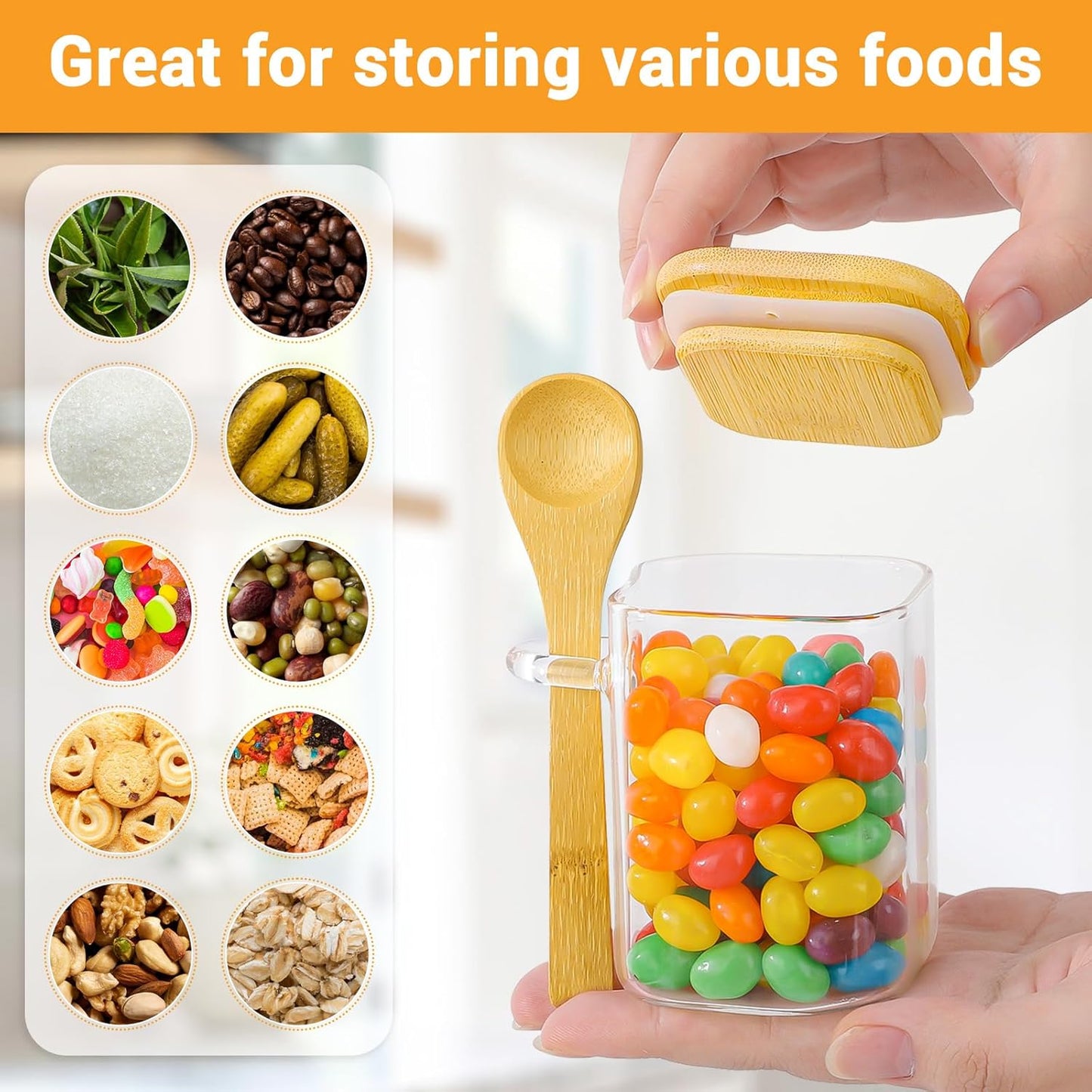 Glass Jars with Bamboo Lids Set of 4, 6 Fl.oz Square Glass Spice Jars with Lid and Spoon, Small Canisters Sets for Kitchen Countertop, Clear Pantry Container for Jam, Tea, Coffee and Sugar