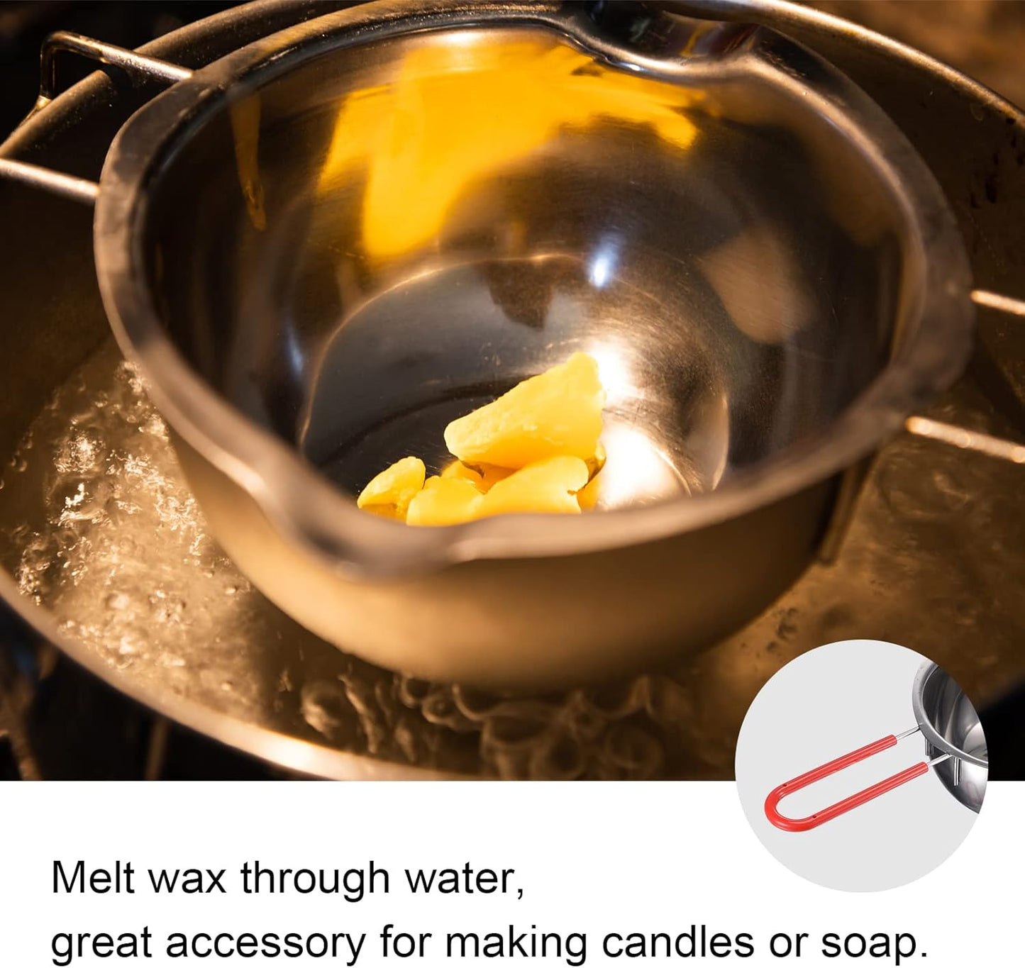 MECCANIXITY Double Boiler Pot 600ml 304 Stainless Steel with Red Heat Resistant Handle for Candle Making