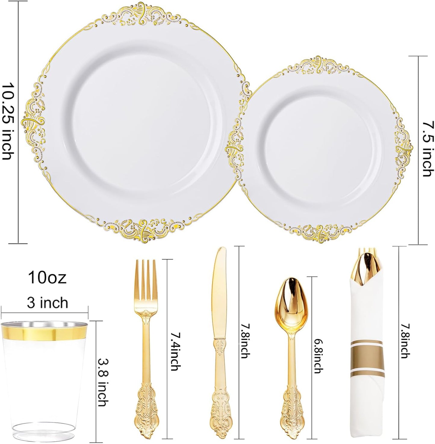 Nervure 700PCS Gold Plastic Plates - Gold Plastic Dinnerware Sets for 100 Guests - 200 Disposable Plates, 300 Silverware, 100 Cups, 100 Napkins for Wedding & Party & Thanksgiving