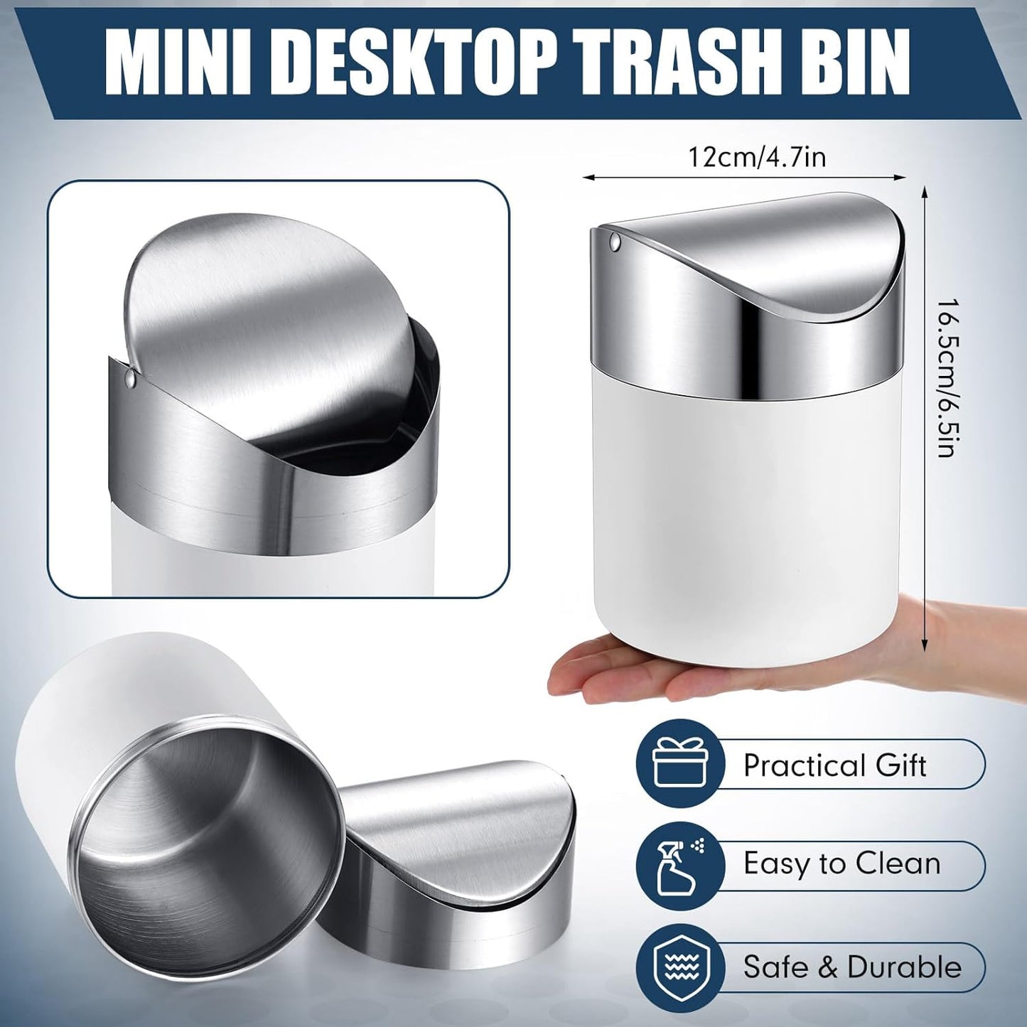 2 Pcs Desk Trash Can with Swing Lids, 12 Rolls of Trash Bags, 2L Brushed Stainless Steel Countertop Garbage Bin Small Wastebasket with Lid for Office Desk, Coffee Table(Matte White)