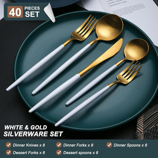 40 Pieces Matte White&Gold Silverware Set, Stainless Steel White&Gold Flatware Set for 8, Satin Finish Spoons and Forks Silverware Set, White&Gold Cutlery Utensils Set, Dishwasher Safe