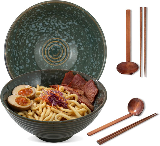 8 Inch Ceramic Ramen Bowl Set of 2, 40oz Japanese Bowls with Spoons & Chopsticks,Durable,Microwave & Dishwasher Safe,Perfect for Ramen,Pho,Salad,Soup,Noodles，Mixing bowls（Jade Green）