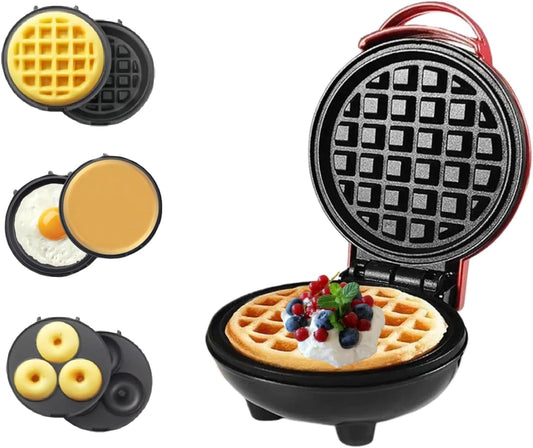 3 in 1 Mini Waffle Maker with Removable Plates-Waffles,Donuts,Pancakes all in Multimaker -Nonstick Surface for Easy Cleaning - Great Holiday Gift(Red)