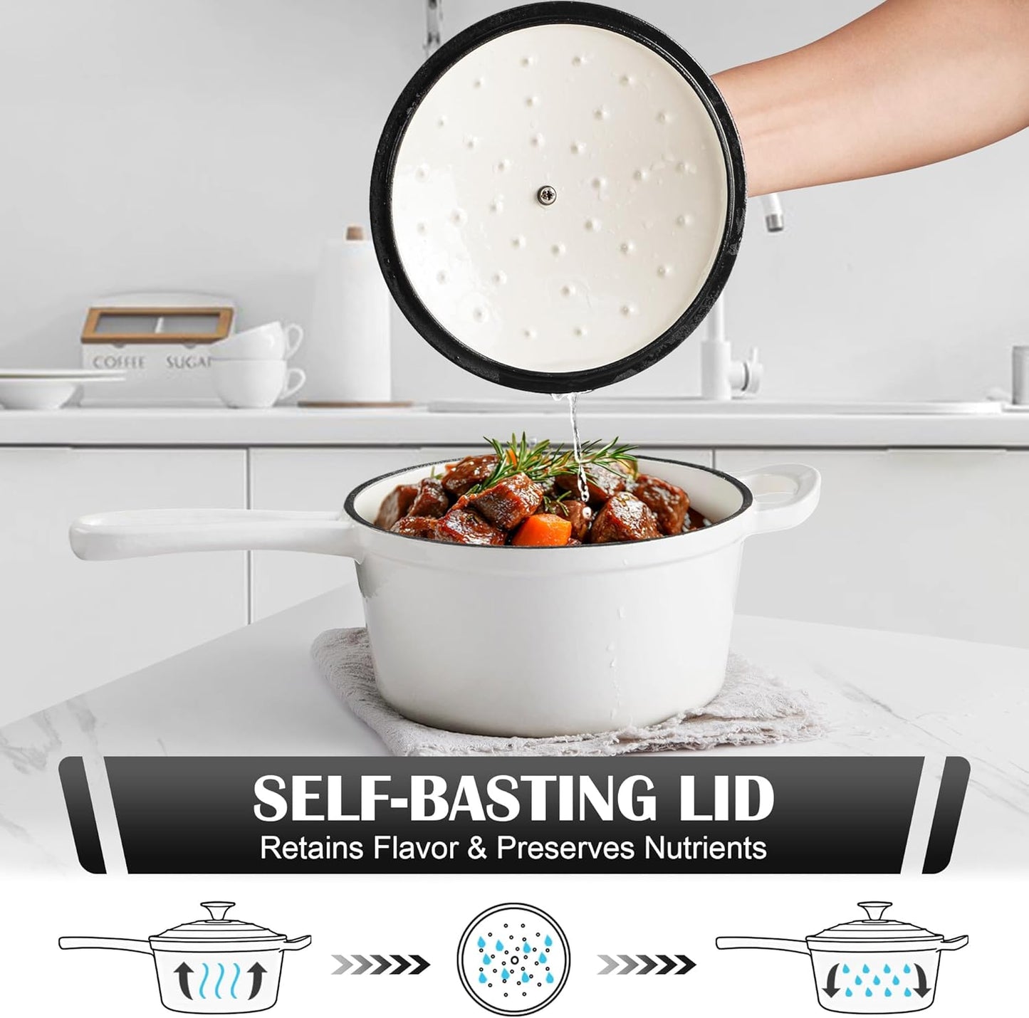 E-far Sauce Pan Set with Lid, 1Qt & 2Qt Enameled Cast Iron Pot Sets for Kitchen Cooking, Small Heavy Duty Dutch Oven Saucepans & Self-basting Lids, Induction-Ready & Easy Clean, White