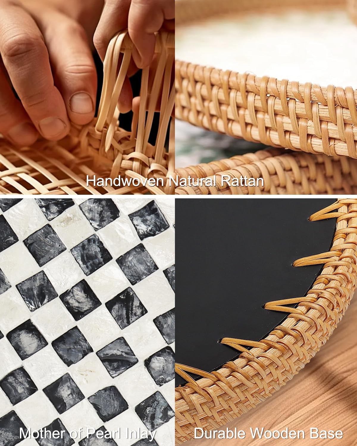 Round Rattan Tray with Mother of Pearl Inlay, Decorative Serving Tray with Wooden Base, Woven Wicker Tray for Coffee, Bread, Fruits, Home Decor(Black Checkerboard, 11.8")