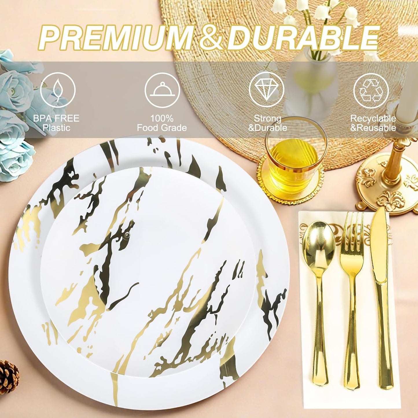 175pcs Gold Plastic Dinnerware Set – Elegant Disposable Plates, Cups, Utensils & Napkins for Wedding, Party, Birthday, Graduation