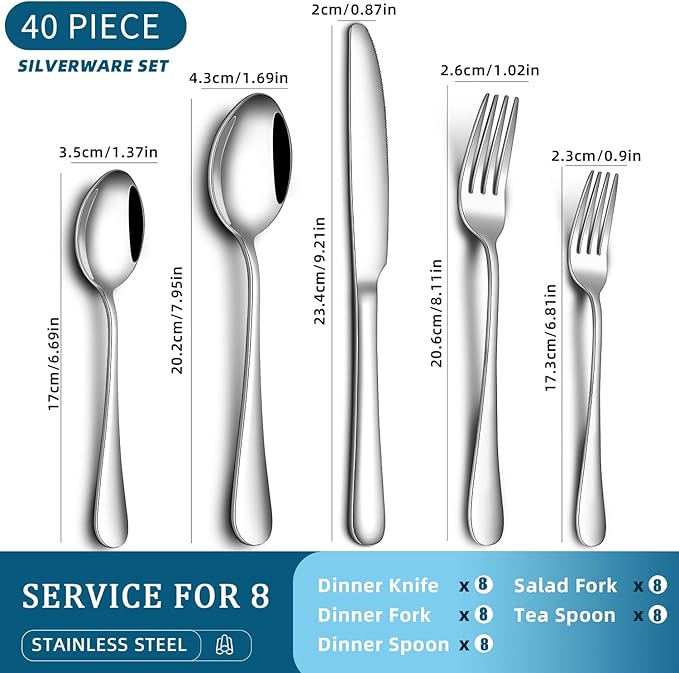 40 Piece Silverware Set for 8,Stainless Steel Cutlery Flatware Set,Mirror Polished Kitchen Utensils Set,Steak Knife Fork and Spoon Set for Home,Kitchen and Restaurant Use, Dishwasher Safe