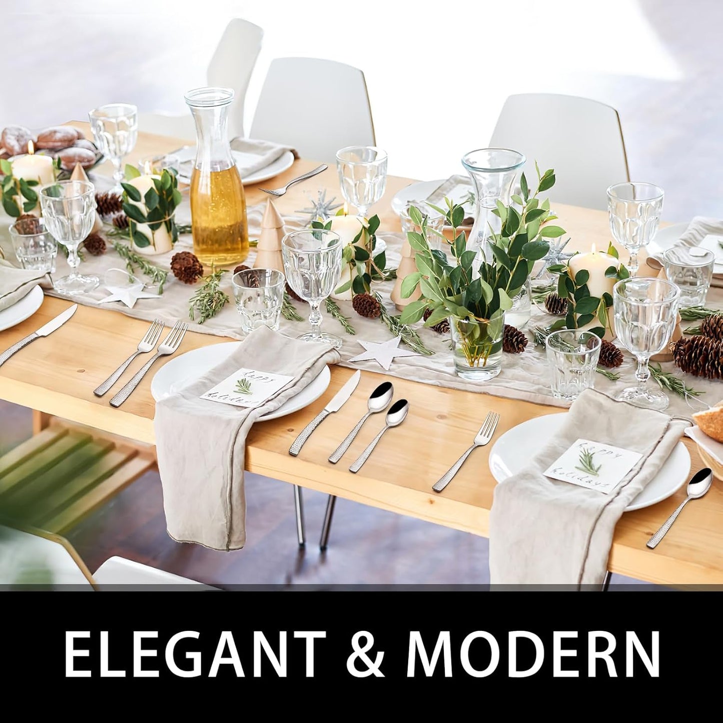 49-Piece Hammered Silverware Set with Organizer, Heavy Duty Stainless Steel Wave Flatware for 8, Cutlery Utensil Sets with Steak Knives, Rust-proof, Mirror Polished, Dishwasher Safe