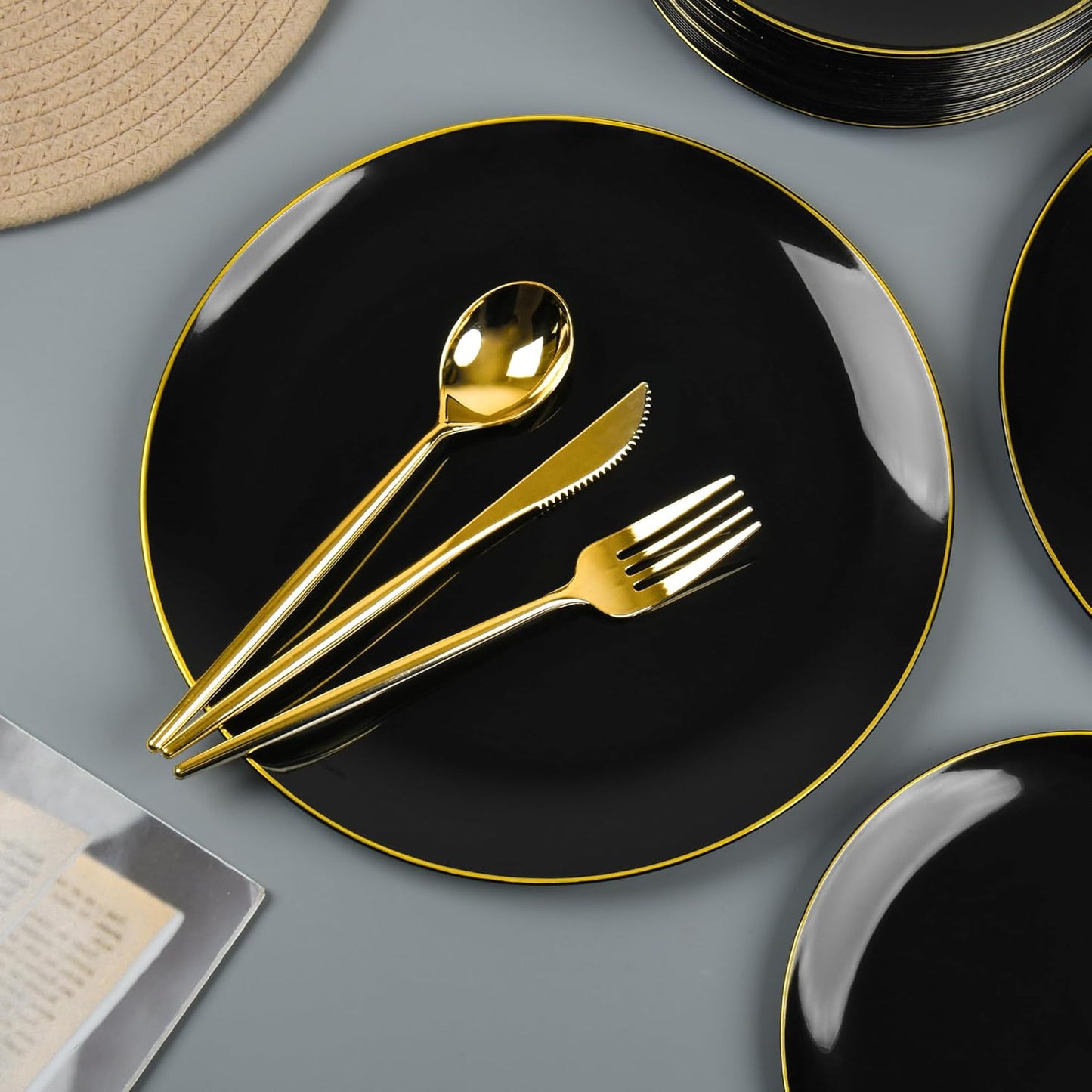 I00000 150Pcs Black Plastic Plates,Heavy Duty Black Plates for 30 Guests,Plastic Dinnerware Set Include 30 Dinner Plate,30 Dessert Plate,90 Gold Cutlery Set for Party