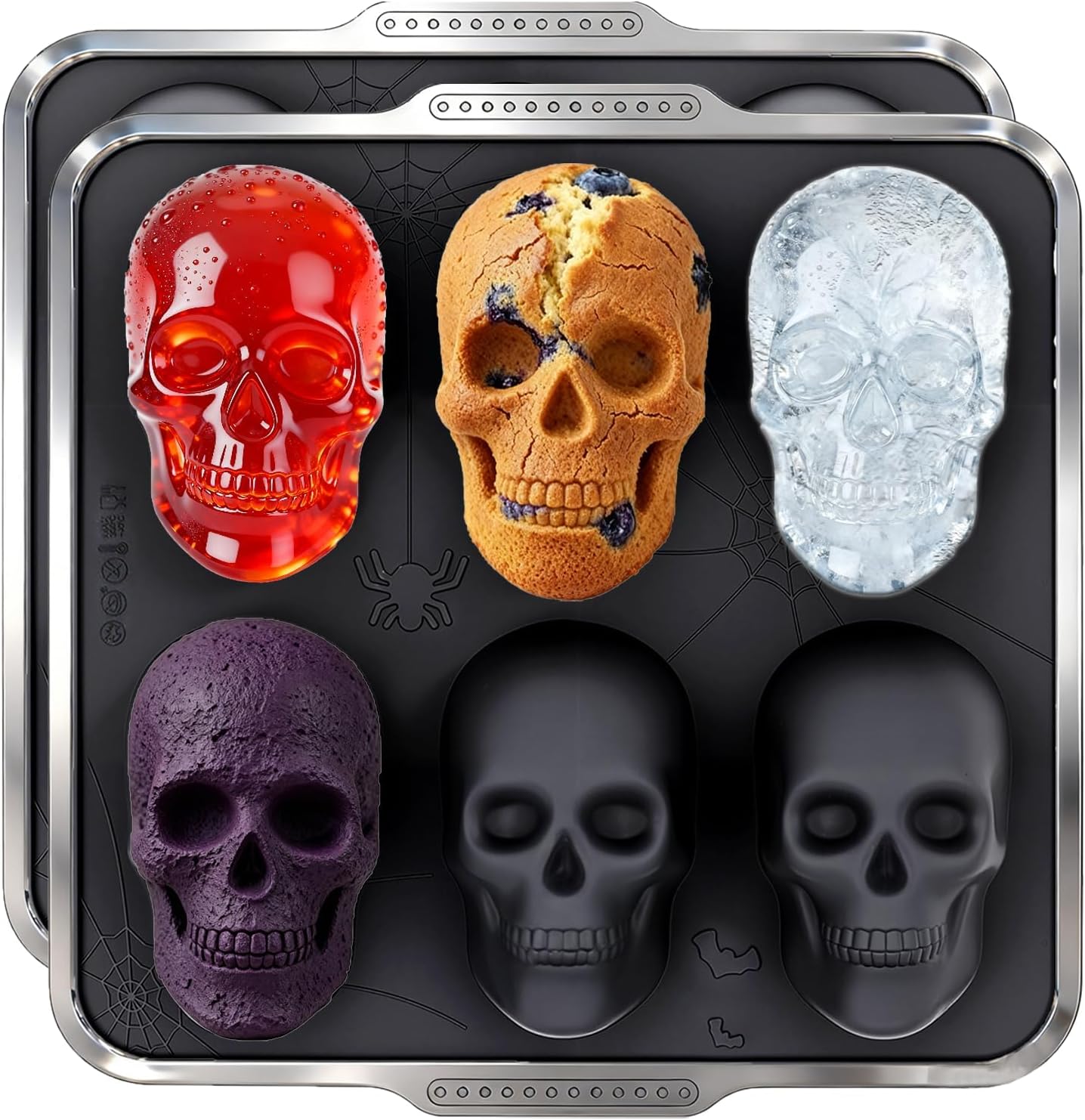 Skull Cake Pan with Metal Reinforced Frame - Spill-Proof & Sturdy 6-Cavity 3D Halloween Silicone Mold, Easy to Handle & Release for Cake, Chocolate, Jello