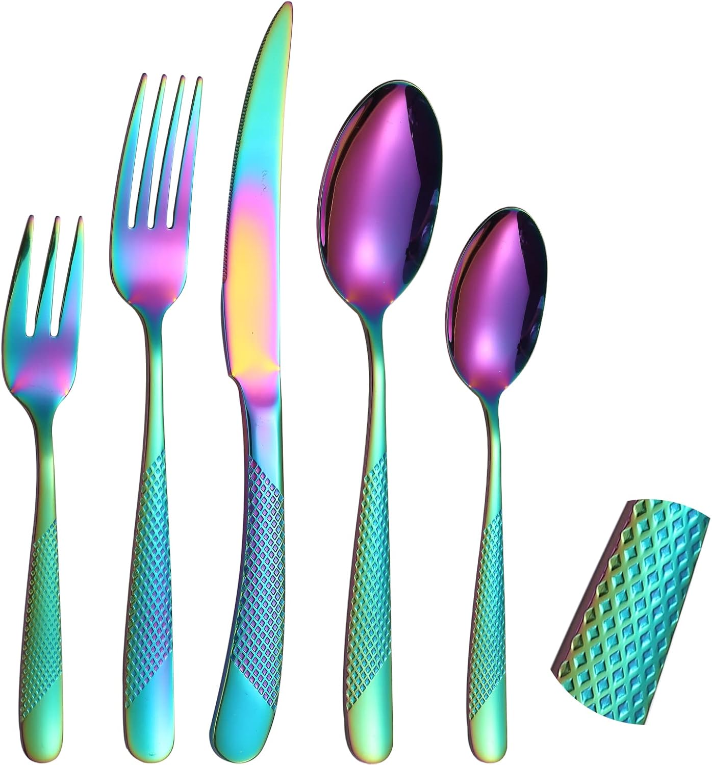 Hammered Silverware Rainbow Stainless Steel Flatware Set for 4 include Forks Spoons and Knives Modern Eating Utensils for Kitchen Restaurant Parties Everyday Uses