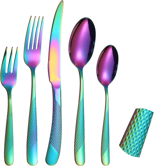 Hammered Silverware Rainbow Stainless Steel Flatware Set for 4 include Forks Spoons and Knives Modern Eating Utensils for Kitchen Restaurant Parties Everyday Uses