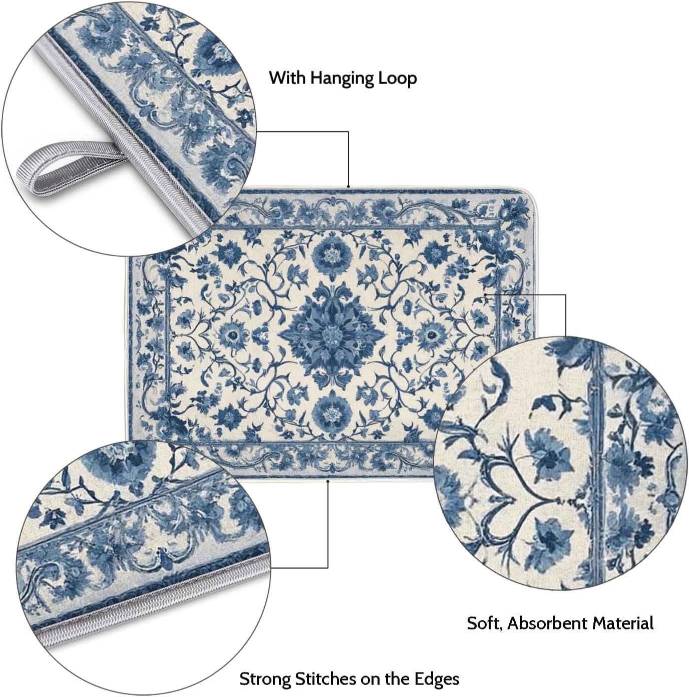 Dish Drying Mats for Kitchen - Super Absorbent Dish Dryer Mat for Countertops Microfiber Dishes Drainer Pad Hide Stain Draining Rack Mat Gadgets for Easy Clean Multi-Use 16"x18",Blue and White