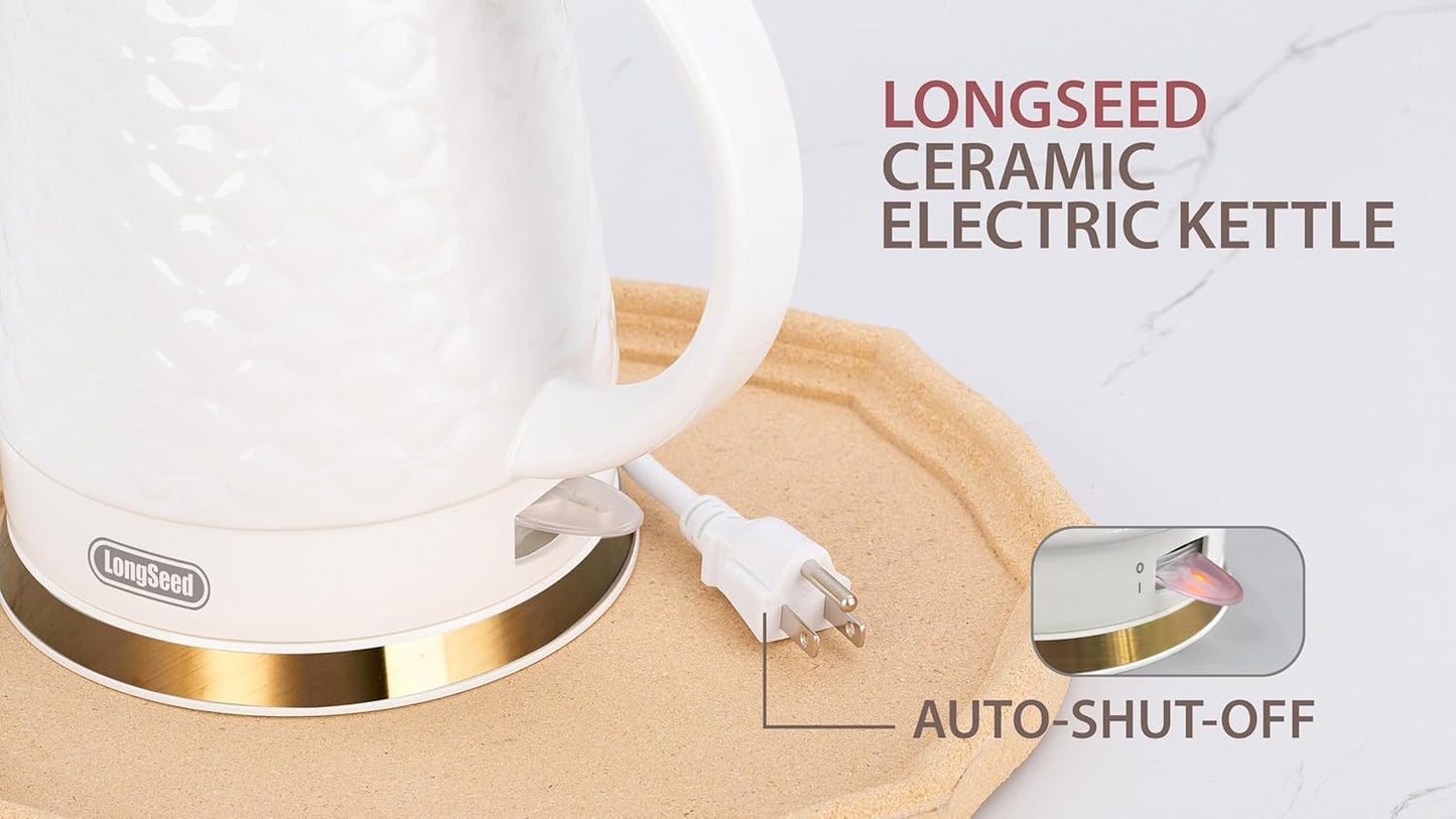 Ceramic Electric Kettle, 1.5L/1200W Boil Water Quickly and Easily with Boil-Dry Protection Auto Shut Off, Detachable Swivel Base, White Relief Carving