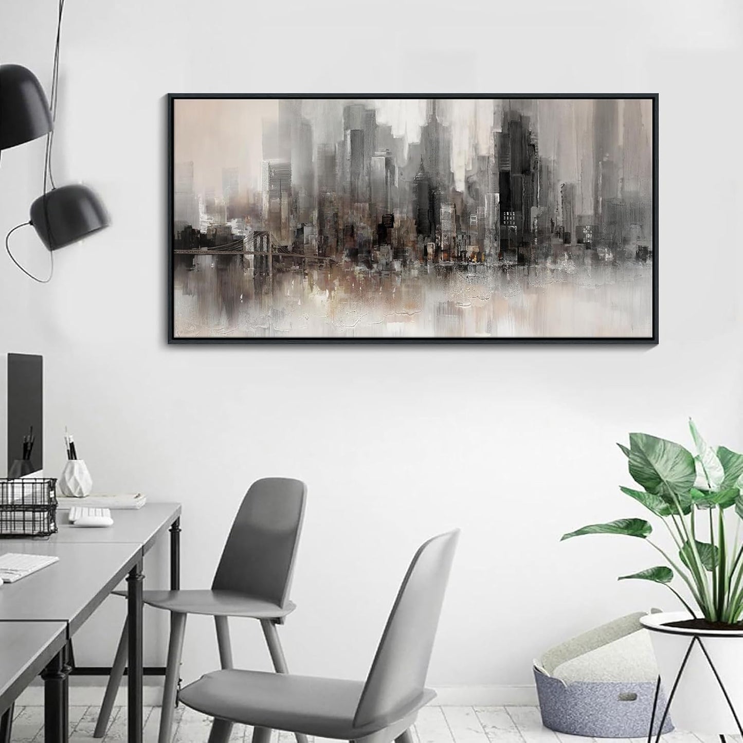Nyc Skyline Painting Wall Art Grey Buildings Picture for Living Room Modern Home Bedroom Decoration Black and White and Brown Framed Artwork Decor