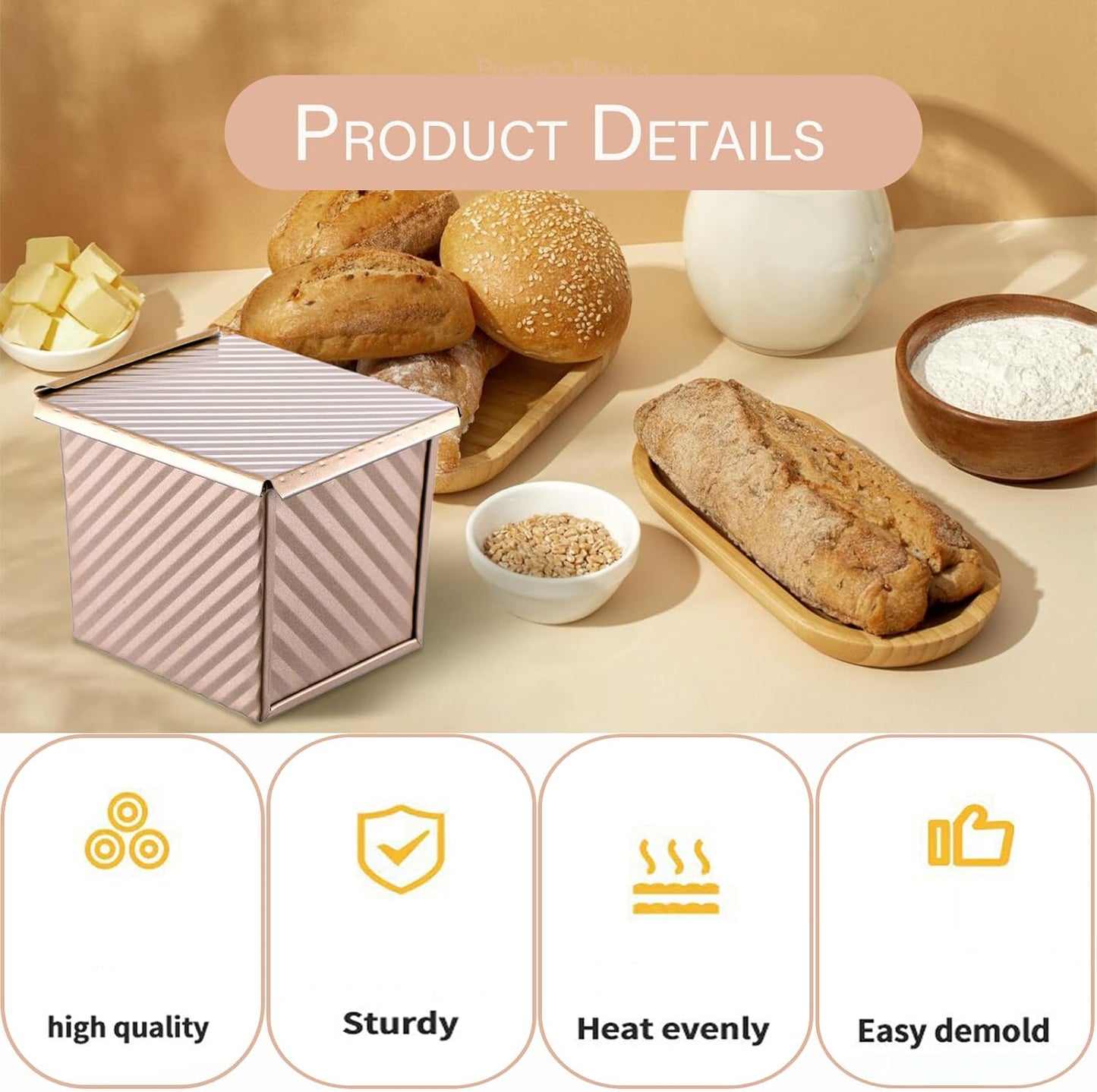 2 mini Pullman bread pans with lids, 0.55Lb non stick rectangular flat toaster box, 3.9x4.7x4.3 inches for oven baking (champagne gold)