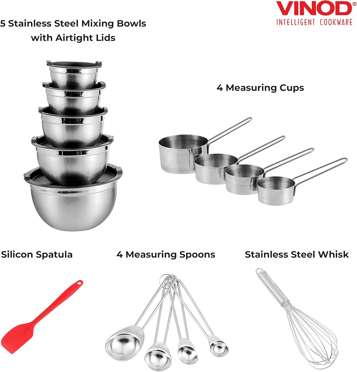 Vinod Cookware Heavy Duty Flat Bottom Stainless Steel Mixing Bowls with Lids, Measuring Cups, Measuring Spoons, Spatula & Stainless Whisk - Bowls for Meal Prep, Cooking, Mixing & Serving - Set of 5